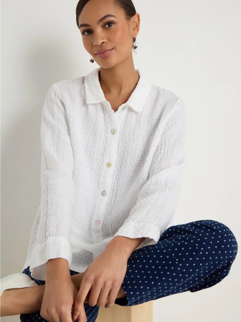 L.L. Bean Women’s White Textured Button-Down Shirt